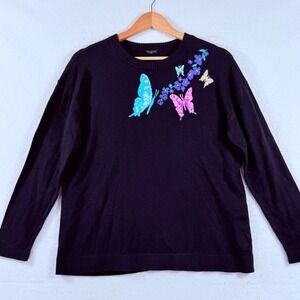 Talbots Butterfly Sweater Womens Large Petite Black Floral Cottagecore Whimsical